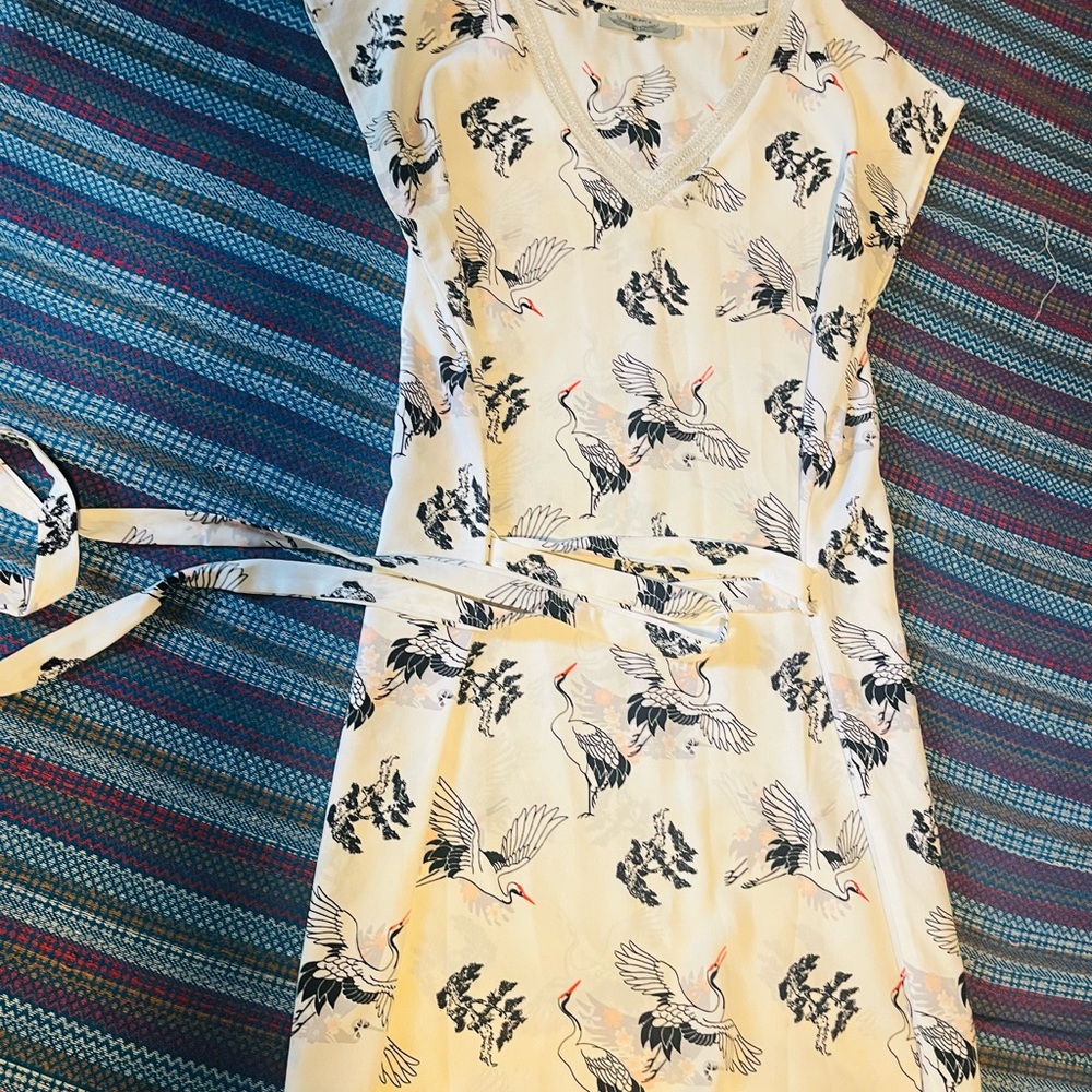 Bird Print Dress with Belt